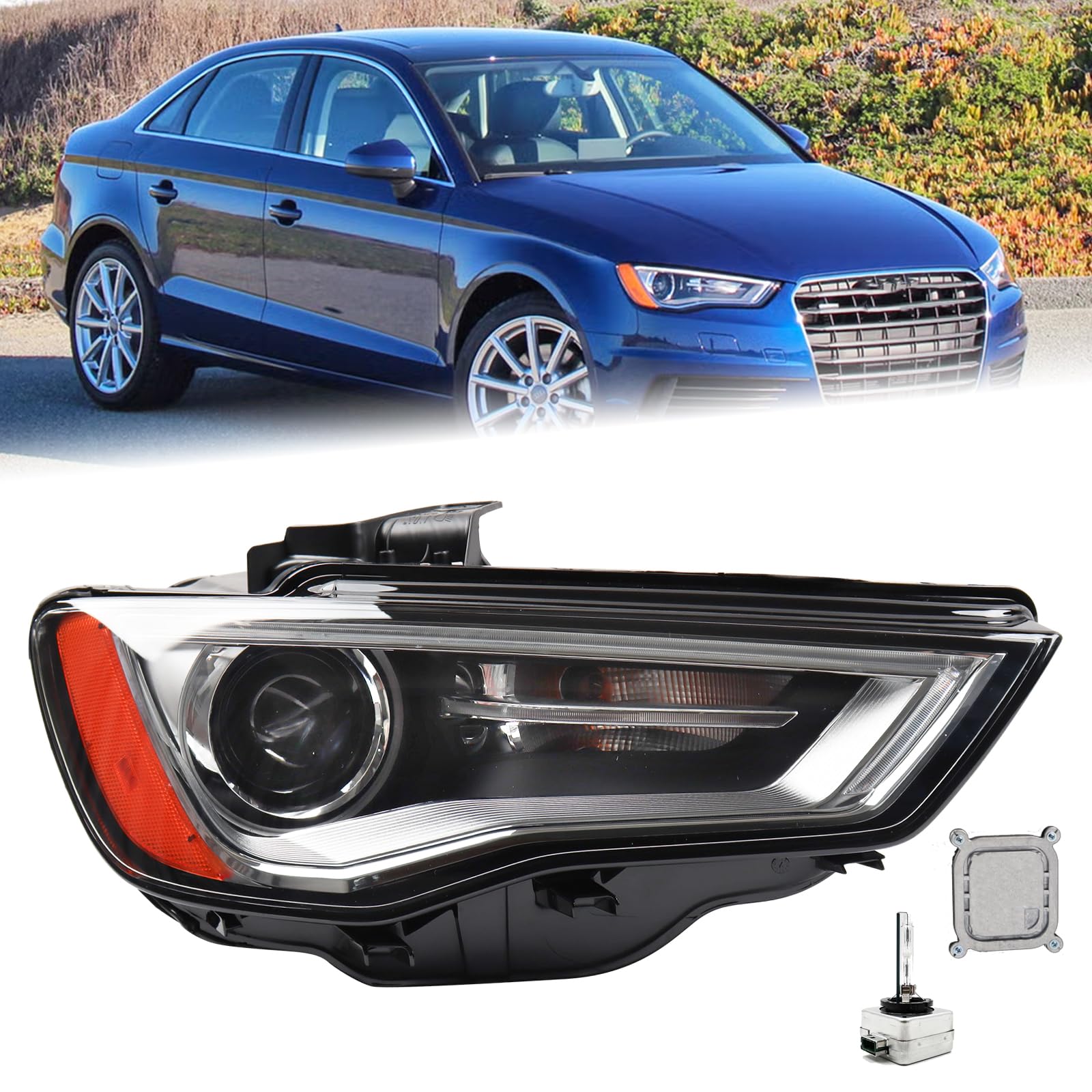 Right headlamp assembly composite new aftermarket replacement Audi A3 2015-2016